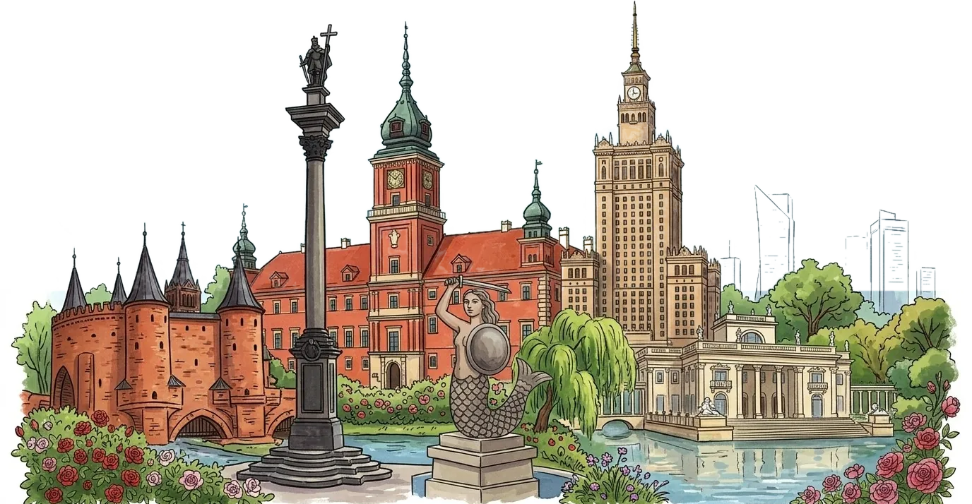 Rysunek symboli Warszawy: Barbakan, Zamek Królewski, kolumna Zygmunta, Syrenka, Pałac Kultury, Łazienki